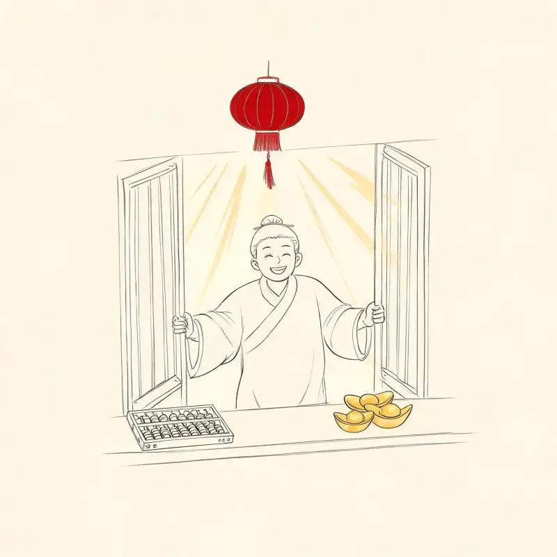 商户清晨开门迎财插画