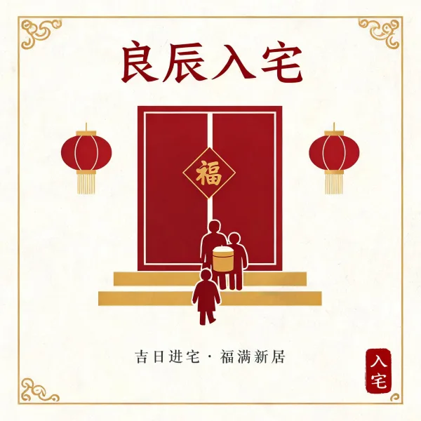 新宅门庭挂灯贴福入宅吉庆插画