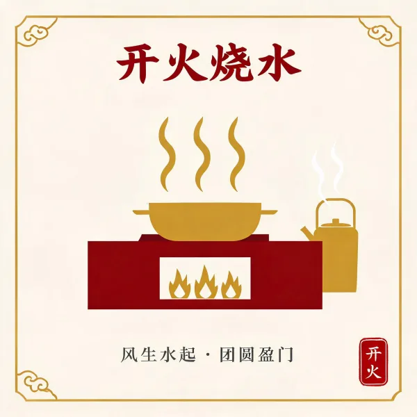 开火烧水入宅开火仪式插画