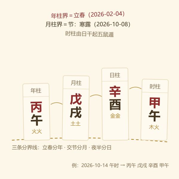 四柱干支在年月日时四个位置上的落法示意