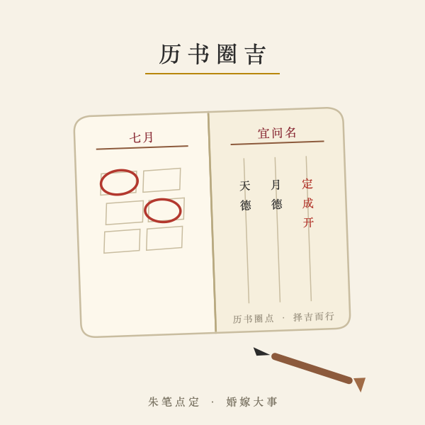 老黄历册页朱笔圈点吉日示意插画